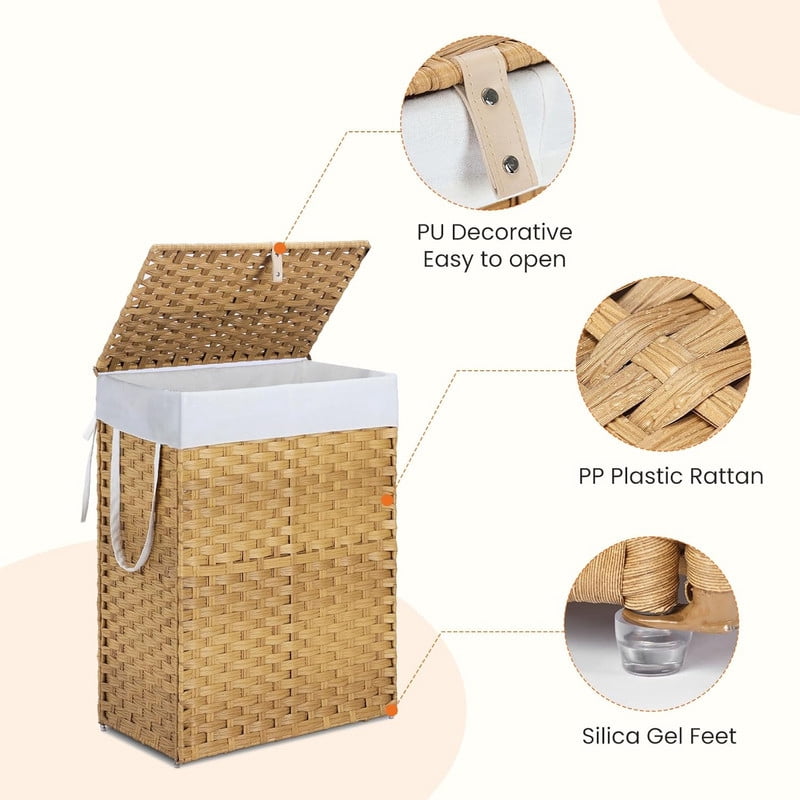 Simenmax 90L Foldable Laundry Hamper with Lid, Woven Laundry Basket with Removable Washable Liner, Rattan Clothes Hamper Sturdy Steel Frame Rattan Basket, Yellow