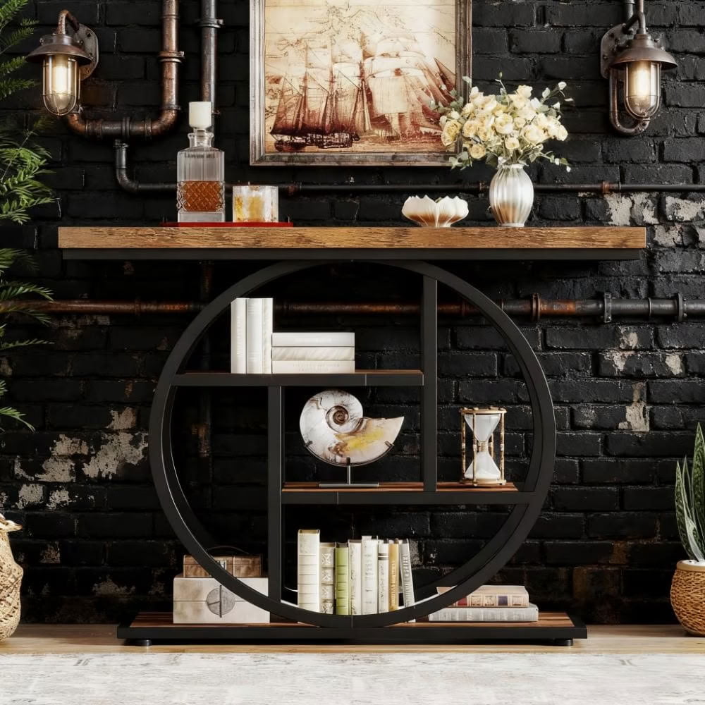 MAYEERTY 41.3" Industrial Console Table, 4-Tier Wood Accent Sofa Table for Entryway, Hallway, Living Room, Narrow Design
