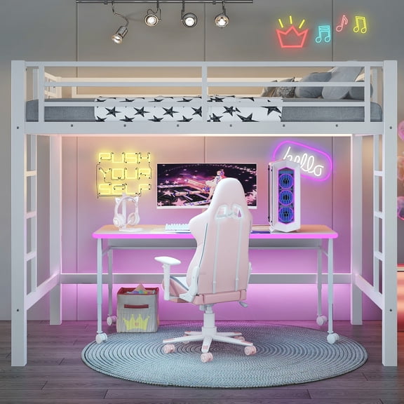 Queen Size Metal Loft Bed with Easy Climbing Ladder and Guardrails, Space-Saving Design for Bedroom, Dorm, Apartment, White