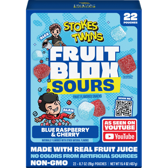 FruitBlox Stokes Twins Sour Fruit Snacks, Blue Raspberry and Cherry, 22 Count