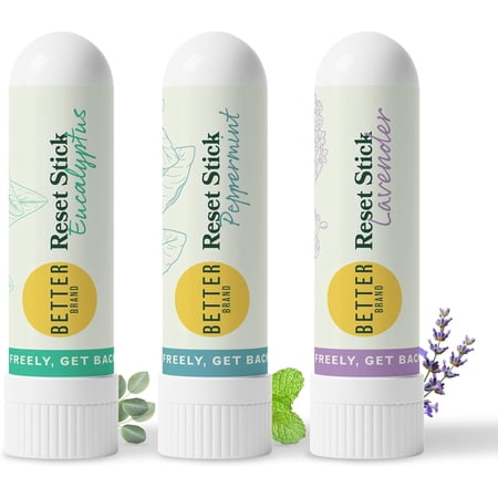 Betterbrand Reset Stick Trio – Natural Nasal Inhaler for Congestion Relief, Peppermint, Eucalyptus & Lavender Aromatherapy, Non-Medicated, Travel-Friendly Sinus Support - Pack of 3
