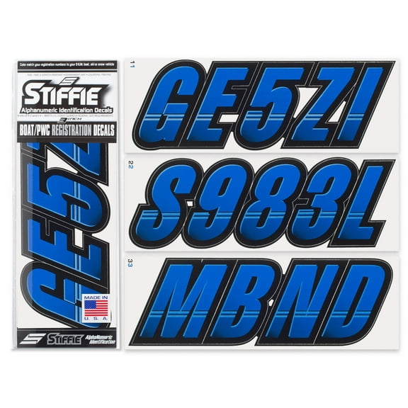 STIFFIE Techtron Blue/Black 3" Alpha-Numeric Identification Custom Kit Registration Numbers & Letters Marine Stickers Decals for Boats & Personal Watercraft PWC