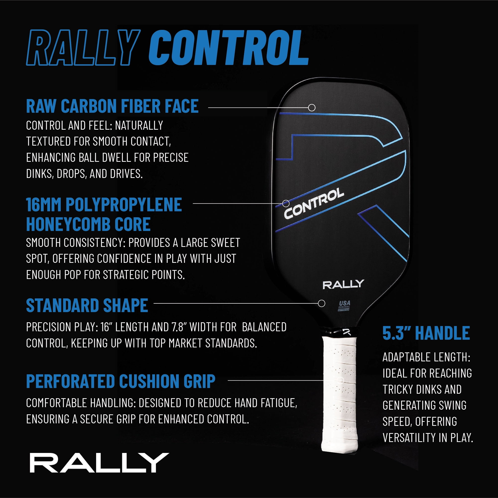 Rally Control Raw Carbon Pickleball Paddle – Carbon Fiber Face, 16mm Polypropylene Core, Enhanced Spin & Sweet Spot, 16" Length, 8oz Lightweight Design for Precision Players (Control - Blue)