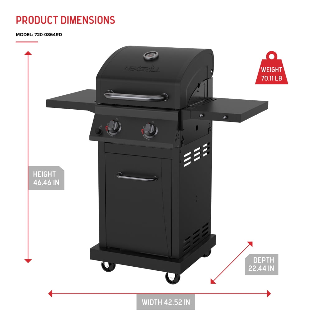 Nexgrill Deluxe 2-Burner Gas Grill with 401 SQ In Grate, 28000 BTUs, Heavy Duty Steel Frame & Foldable Side Table, Propane BBQ Grill for Outdoor Cooking, Patios, Backyards and More - 720-0864RD
