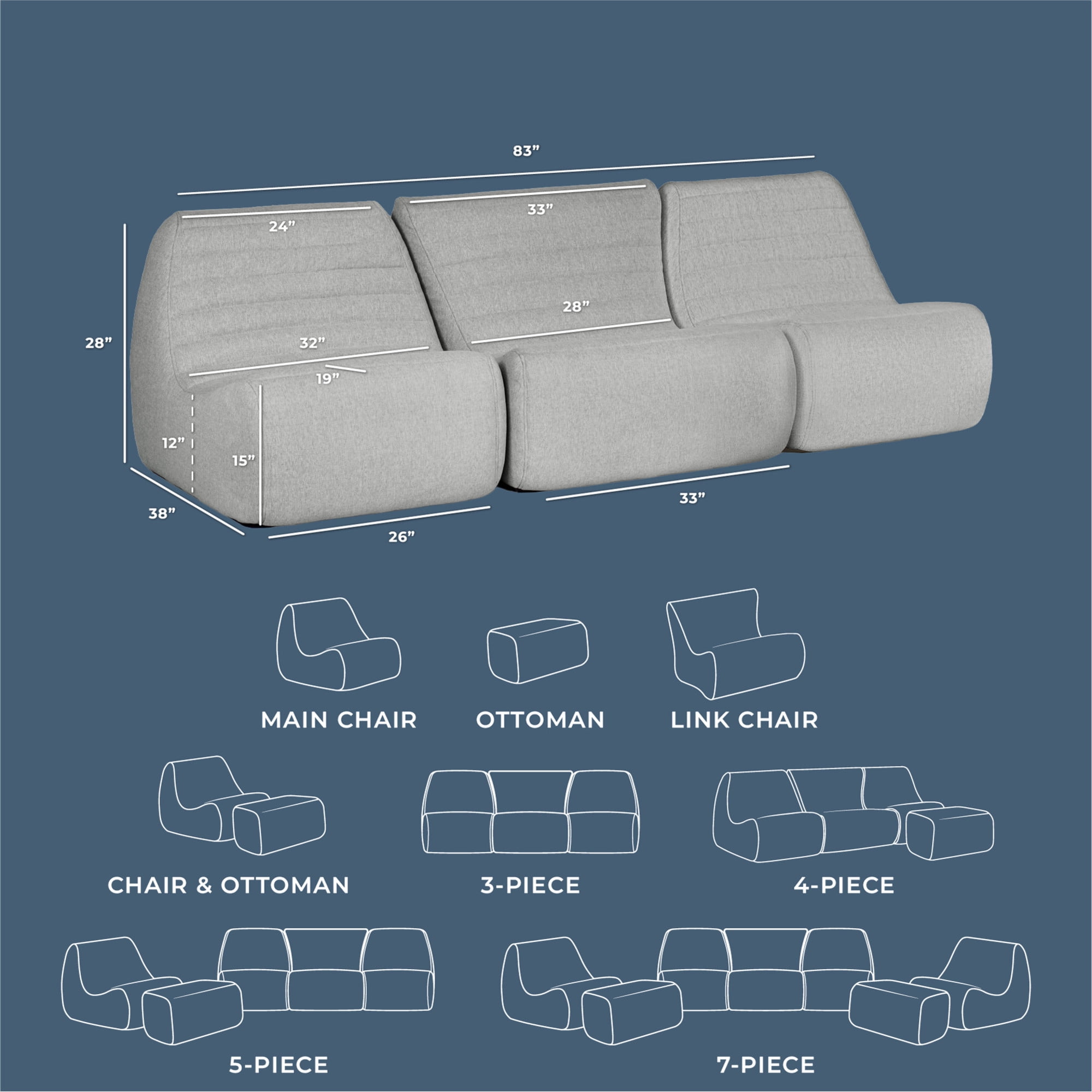 Big Joe Solvana Outdoor Sectional, 3 Piece Patio Furniture Set, Performance Linen Weather-Resistant Fabric Sofa, Port Gray