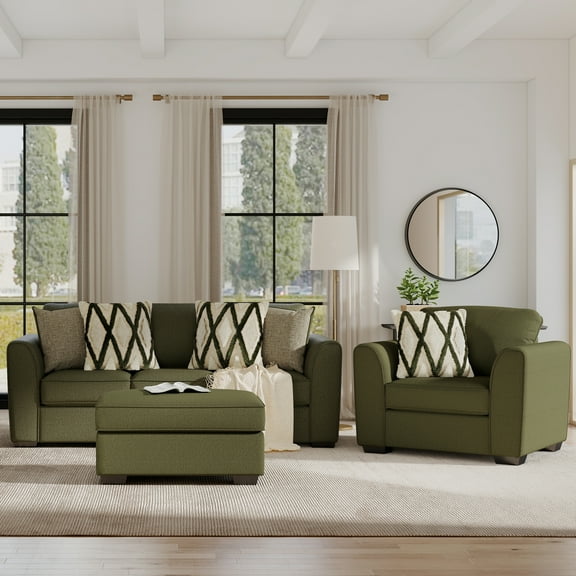 Roundhill Furniture Marvella 3-Piece Living Room Set, Sofa, Chair, and Ottoman with Mosswood Chenille Upholstery