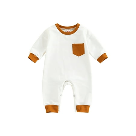 

Meihuida Baby Romper Contrast Color Round Neck Long Sleeve Jumpsuit with Pocket 0-18 Months