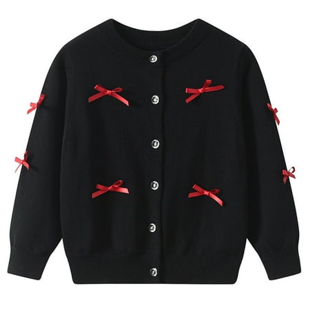 BRGZLK Kids Girls Bow Button Down Knitted Cardigan Fall Winter Solid Color Round Neck Long Sleeved Casual Comfortable Base Layer Sweater Coat Black 7-8 Years