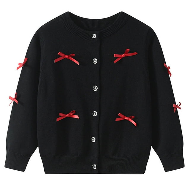 Cardigan pour Filles, Chandail Tricoté à Manches Longues avec Nœud pour Tout-Petits et Enfants, Cardigan Doux à Col Rond avec Boutons devant