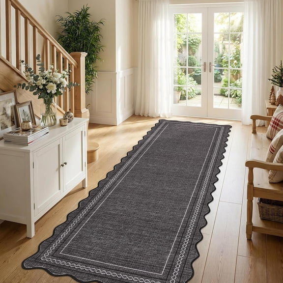 2x6 Runner Rug Washable Non Slip Scalloped Hallway Kitchen Entryway Rug Black