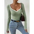 thumbnail image 3 of Women'S Sweetheart Neck Long Sleeve T Shirt Rib Knitted Contrast Binding Tee Tops Light Green XL, 3 of 6