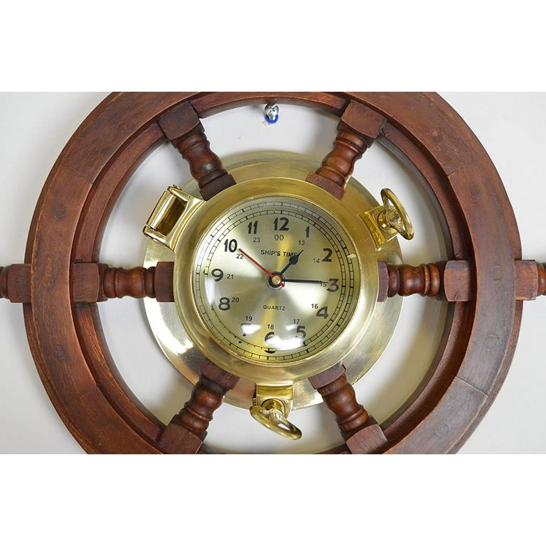 Brass Porthole Clock on Ship's Wheel- 18