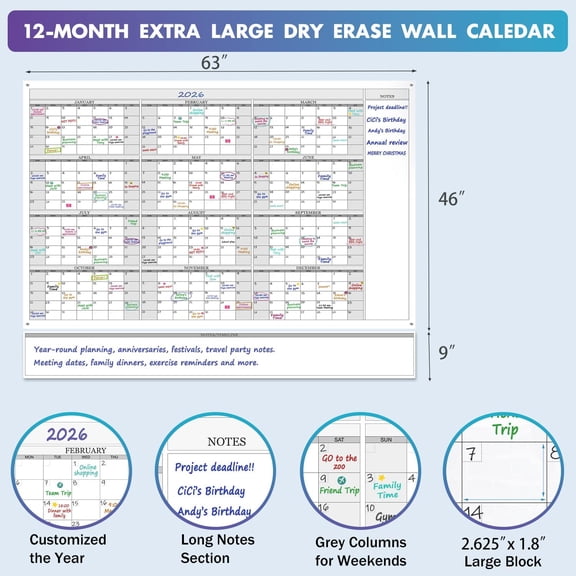 Jumbo Dry Erase Yearly Whiteboard Calendar 46"x63" Laminated | On Sale | Huge 12-Month Undated Reusable Wall Poster, Giant Family Schedule Planner for Home Office