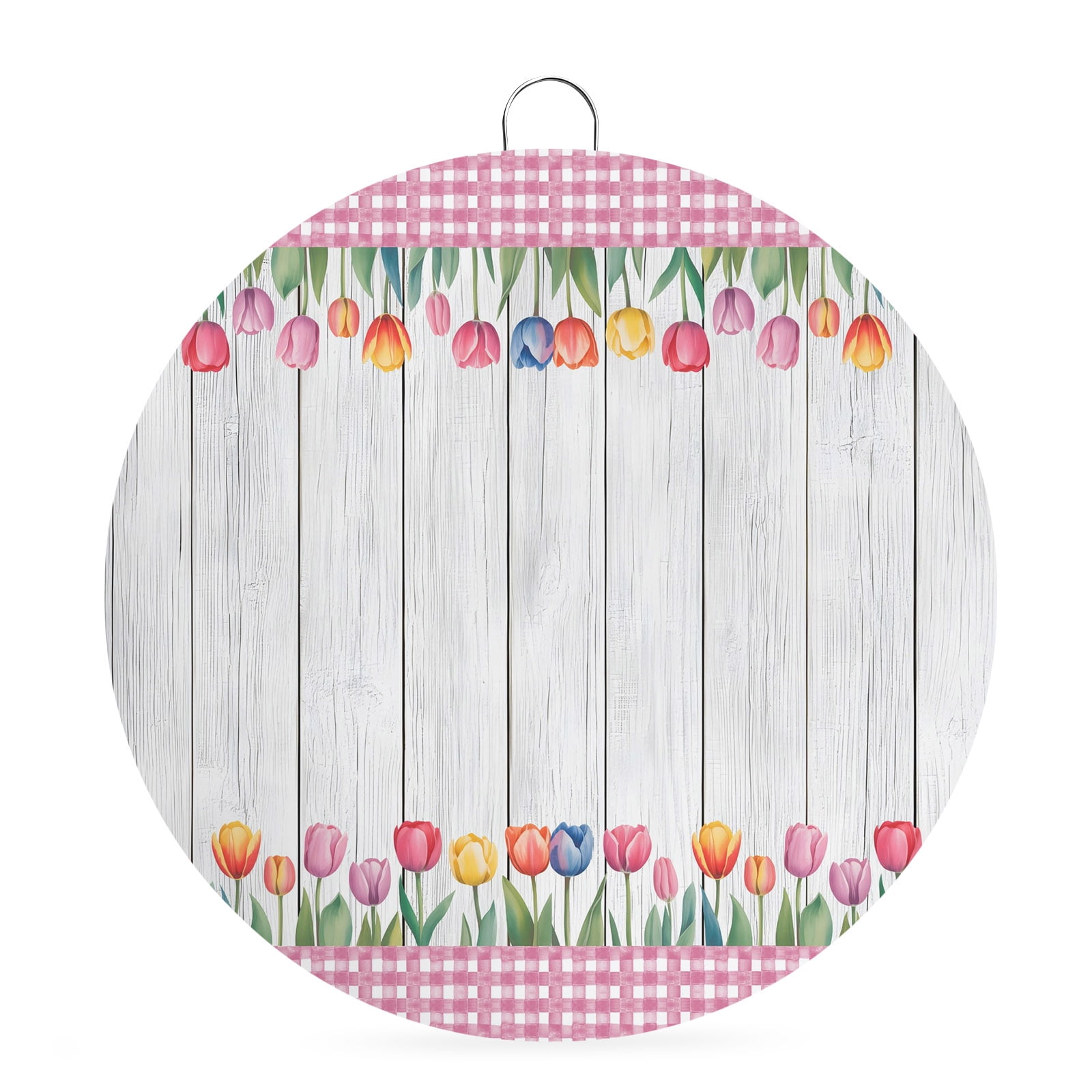 Welcome Sign Front Door Decorations Spring Tulip Round Wall Art Outdoor Metal Wreaths Watercolor Flowers Wooden Grain Pink Plaid Seasonal Hanging Sign for Home Porch Decor Warming Gift 8 In