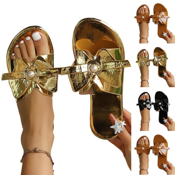 Miluxas Women's Bow Flat Sandals Leather Open Toe Flats Summer Vacation Shoes Beach Sandals Outdoor Slippers Gold 9.5(43)