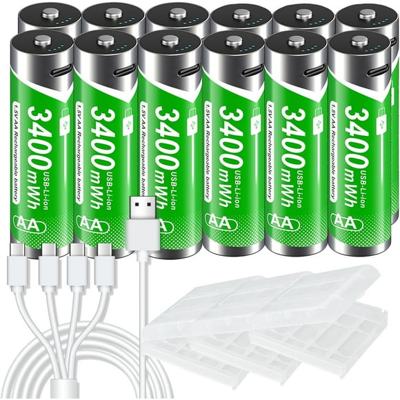 AIR-USB AA Lithium ion Rechargeable Batteries, 1.5V 3400mWh Crash Light Rechargeable AA Battery, 1.5 H Fast Charge, 1500 Cycle with Type C Port Cable, Constant Outpu (12 AA)