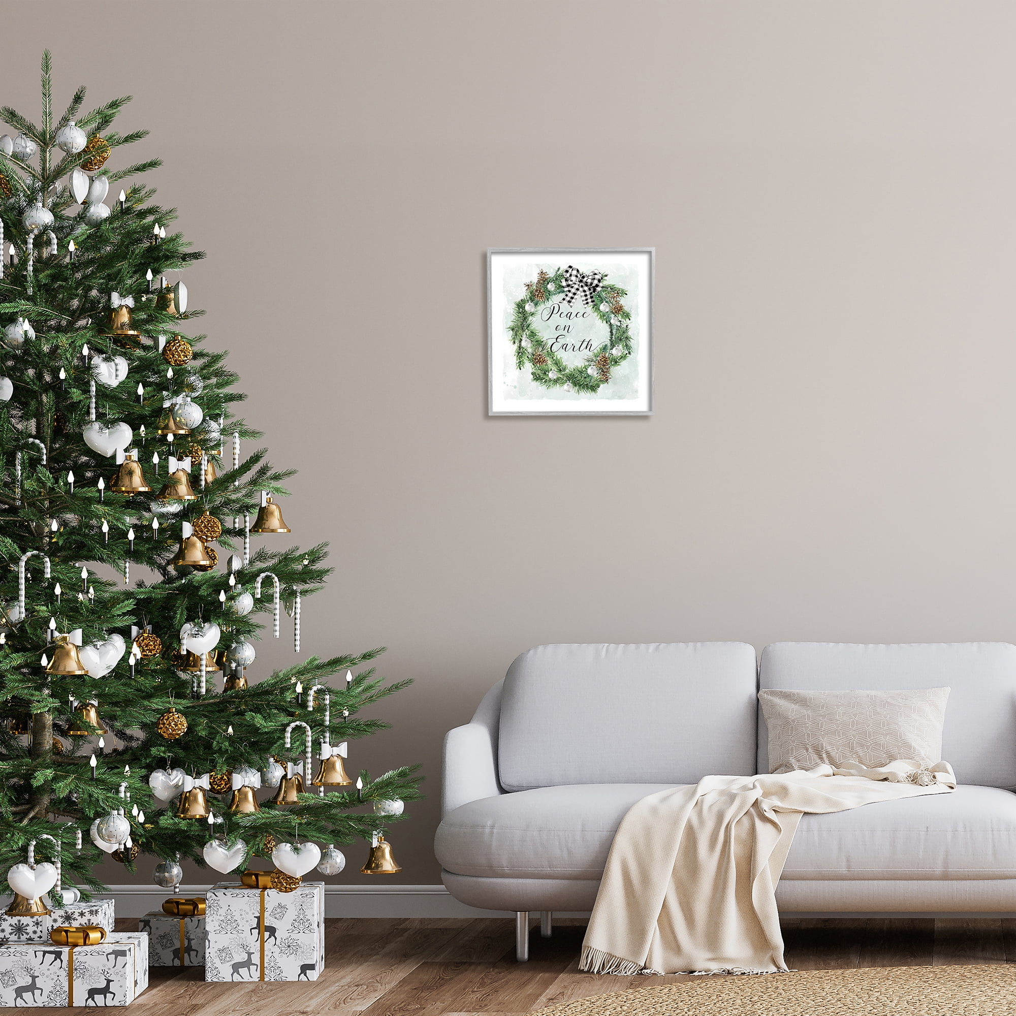 Stupell Industries Peace Seasonal Wreath Holiday Painting Gray Framed Art Print Wall Art, 17 x 17