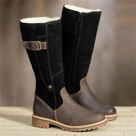 

Foraging dimple Autumn and Winter Women s Leather Plush Warm Knee High Boots Women s Parquet Flat Shoes Black