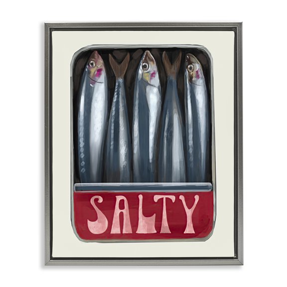 Stupell Industries Salty Sardines Can Food & Beverage Painting Gray Floater Framed Art Print Wall Art, 17 x 21