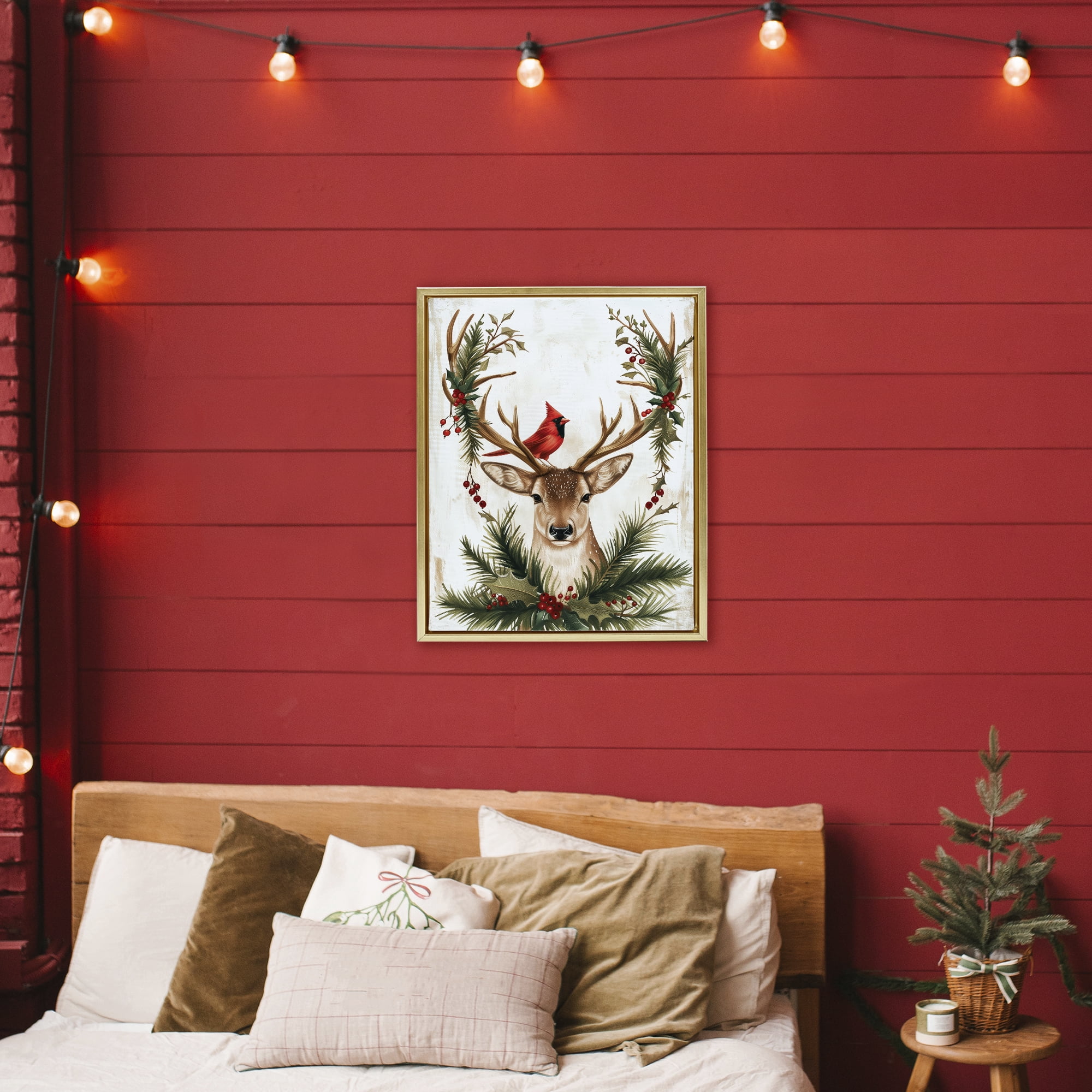 Stupell Industries Cardinal & Deer with Festive Flora Gold Framed Floater Canvas Wall Art, design by Acorn & Ivory Designs
