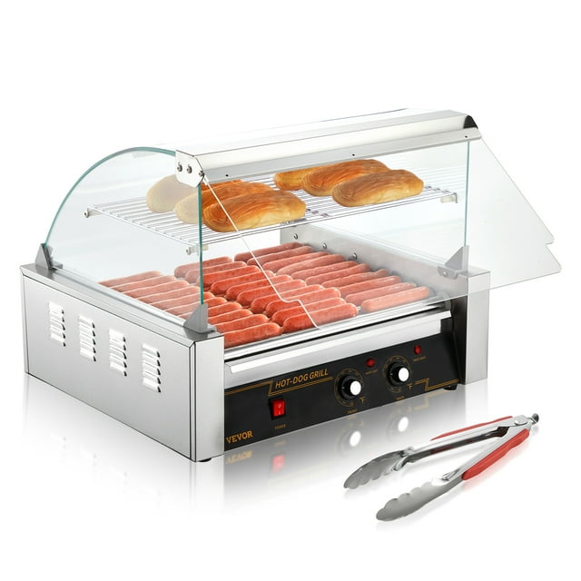 VEVOR Rouleau pour Hot-Dogs, 11 Rouleaux Capacité de 30 Hot-Dogs, Machine de Cuisson pour Saucisses en Acier Inoxydable 1650W avec Double Contrôle de Température, Capuchon en Verre, Couvercle en Acrylique, Étagère Chauffe-Petits Pains, Plateau d'Égouttement Amovible, Certifié ETL