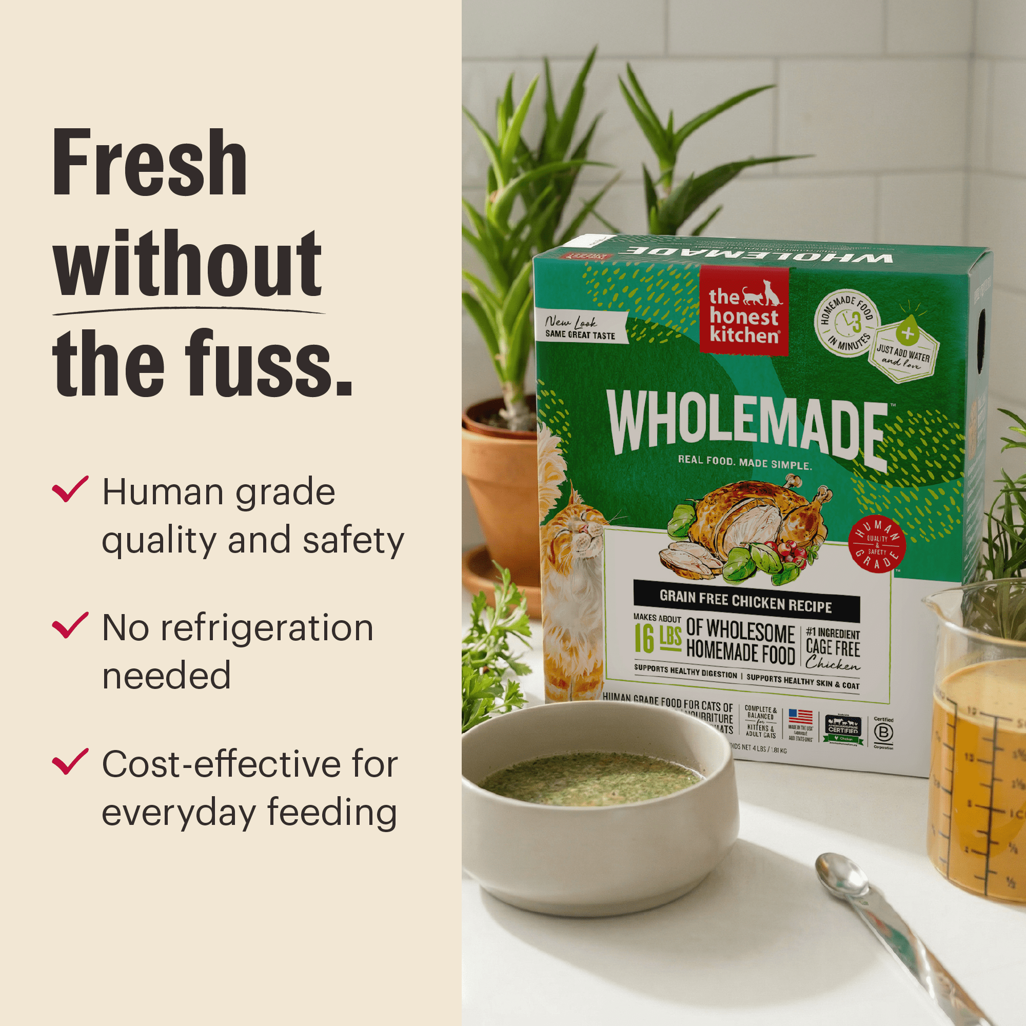 The Honest Kitchen Wholemade Dehydrated Grain Free Chicken Cat Food, Human Grade Recipe with Probiotics & Cage Free Chicken, Digestive Support, Meal or Topper for Cats, Makes 8 lbs from 2 lb Box