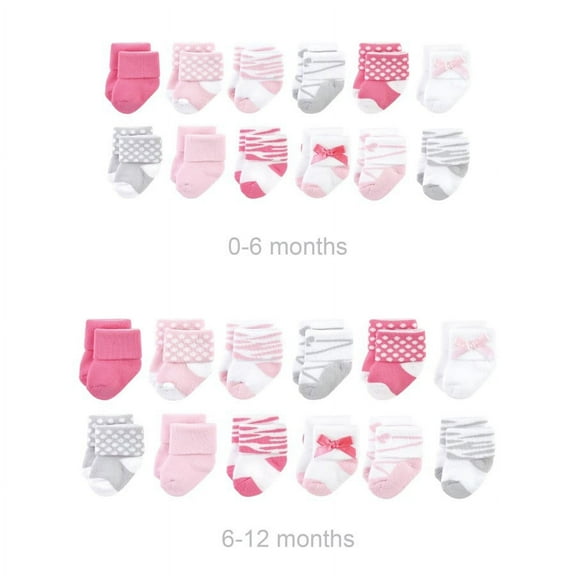 Luvable Friends Infant Girl Grow with Me Cotton Terry Socks, Ballet, 0-6 and 6-12 Months