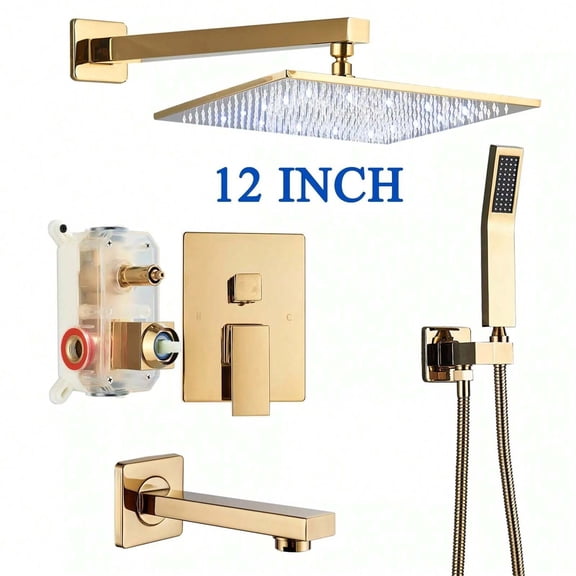 Zovajonia Gold 12" Rain Shower Head Faucet Set Shower System Tub Spout w/Valve