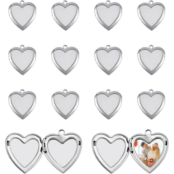 1 set 15pcs 316 Stainless Steel Locket Pendants Photo Frame Charms for Necklaces Heart Stainless Steel color Tray: 13x16mm 25x22.5x4.5mm Hole: 2mm 316 Surgical Stainless Steel