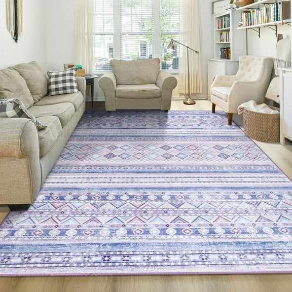 Jamfeel Washable Area Rugs Non-slip Printed Boho Area Rug for Living Room Soft Low Pile Carpet Home Decor 4'x6' Blue and Purple