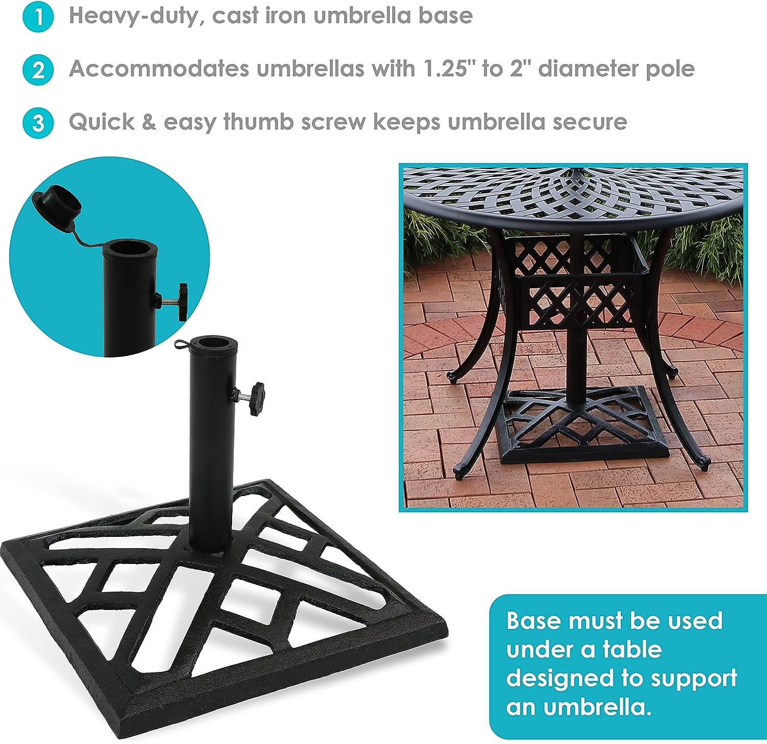 MONGJI 17lb Cast Iron Patio Umbrella Base - Heavy-Duty Square Metal Outdoor Market Umbrella Stand for Outside - 17-Inch - Black - Modern Geometric