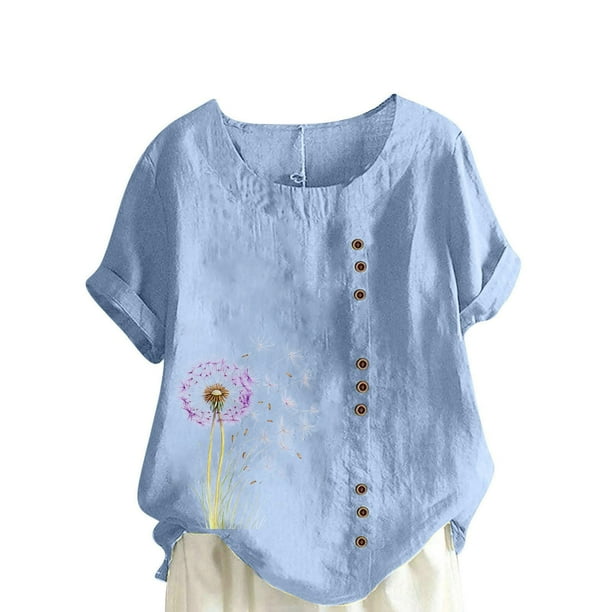 Vestidos Casuales Para Mujer, Blusas De Mujer De Moda Blusa informal de lino con cuello redondo y manga corta con botones para mujer, talla grande, estampada