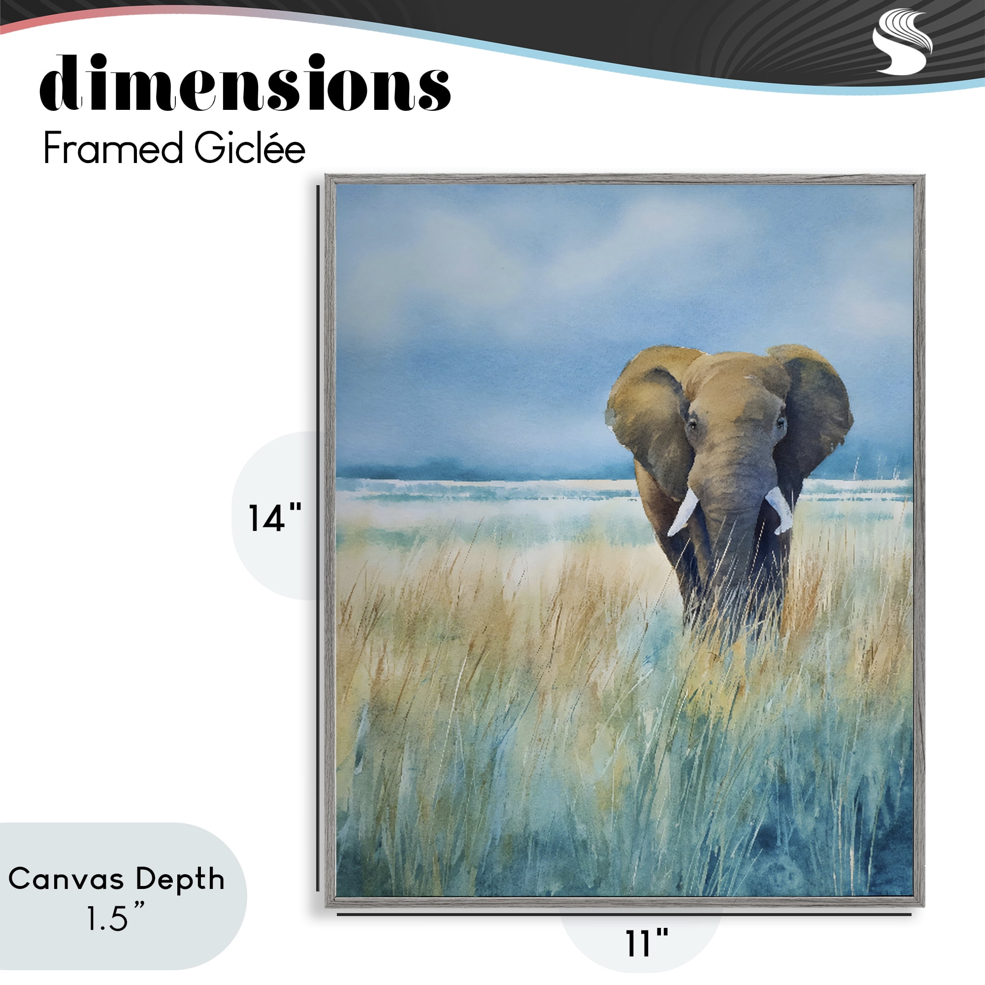 Stupell Industries Blue Grass Elephant Gray Framed Giclee Art, design by Franklyn Gregory