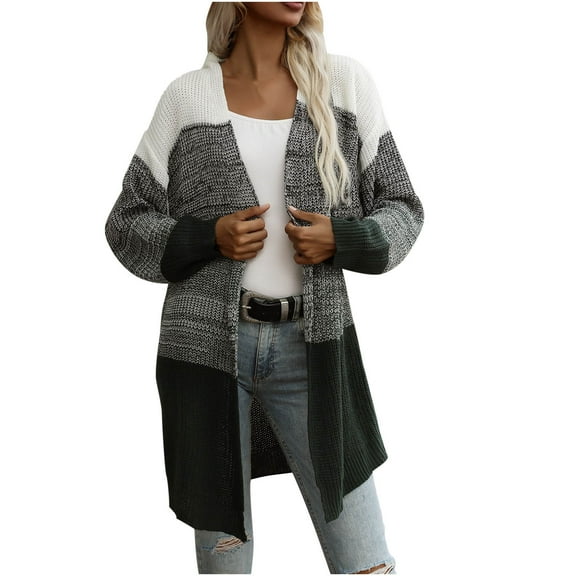 NARABB Women's Knitted Mid-length Stitching Long Sleeve Loose Color-Block Knitted Cardigan Sweater Coat Blouse