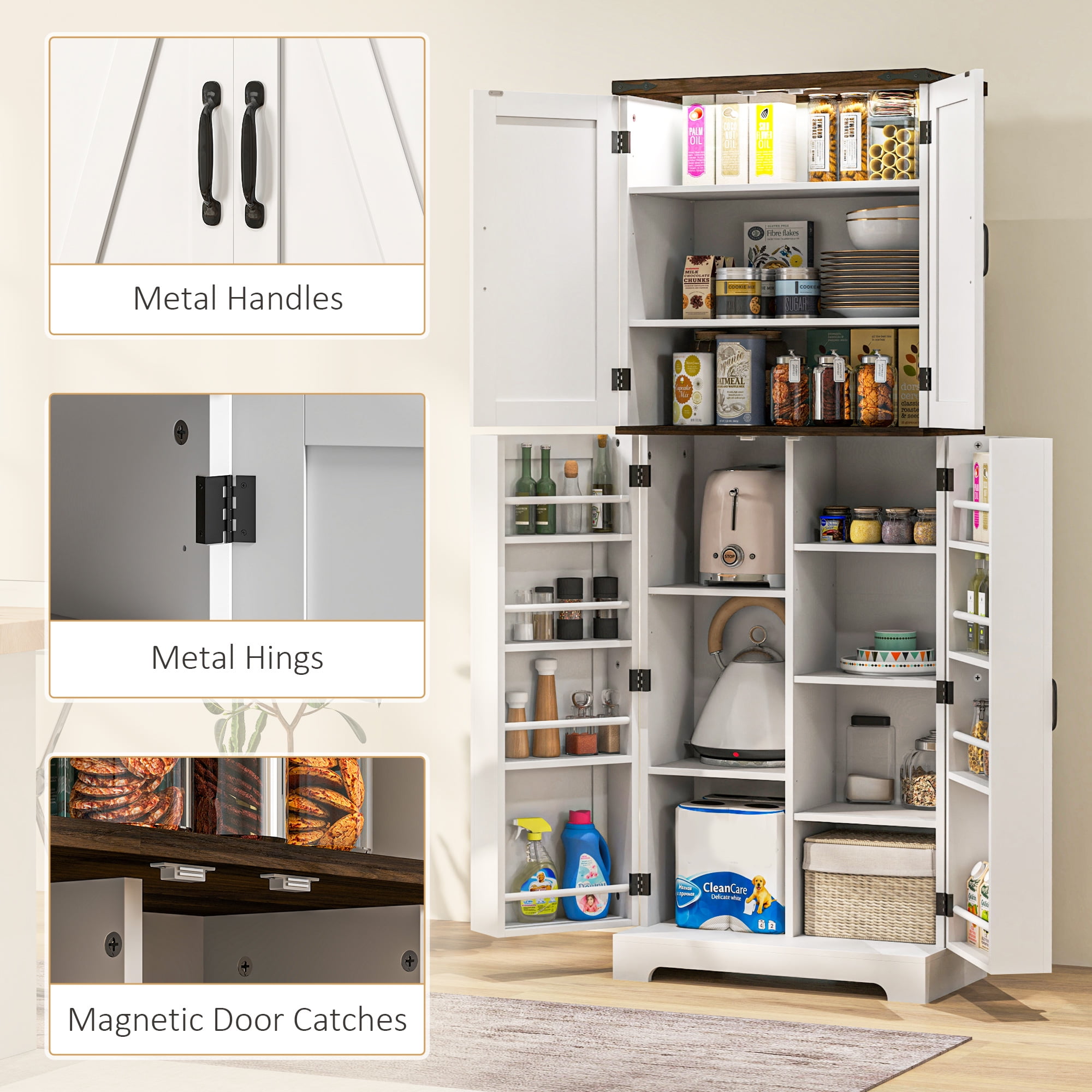 HOMCOM 64" Kitchen Pantry Storage Cabinet with Motion Sensor Light, Spice Racks and Adjustable Shelves, White
