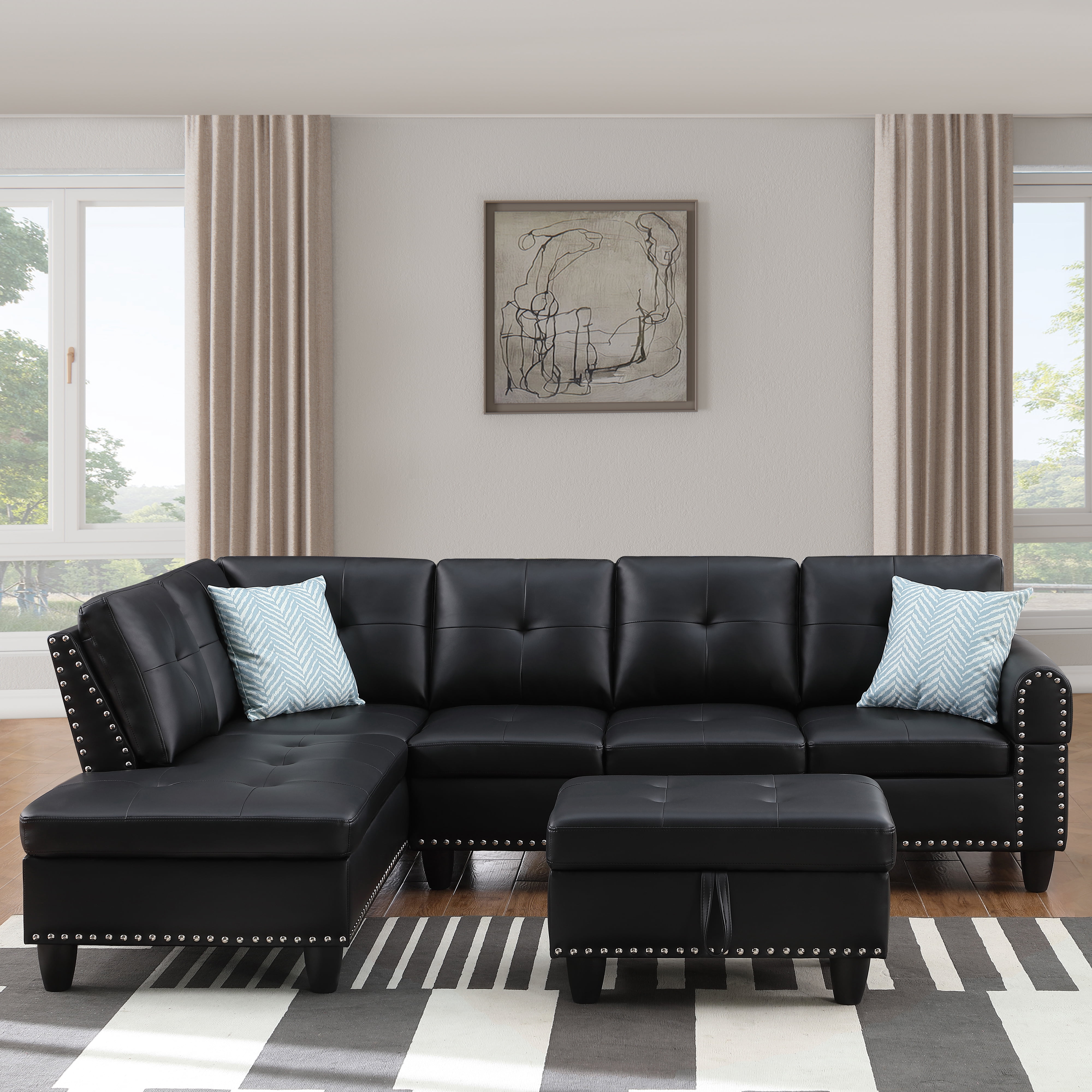Gewnee 3-Piece L-Shaped Sectional Sofa with Chaise, Storage Ottoman, Cup Holders, 4-Seat, Faux Leather,Black