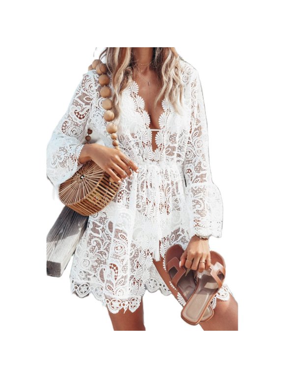 Women Lace Beach Dress Hollow Crochet Boho Mini Dress See Through Bikini Cover Up