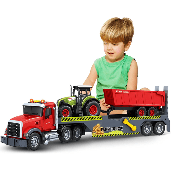 LINXUXIE Semi Flatbed Truck Toy, Friction Powered Vehicles with Farm Truck, Lights & Sounds, Birthday Gifts for Kids 3-5 5-8 8-12 Years Old