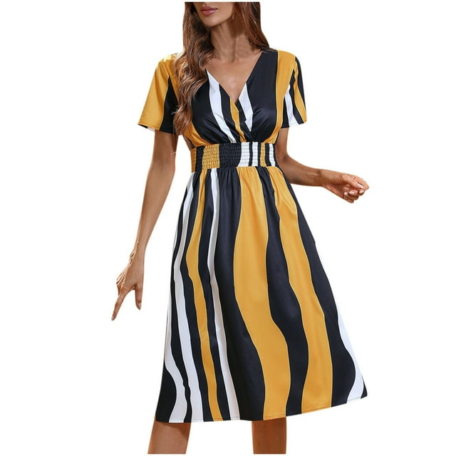 Grrvtrz 2025 Robe d'Été à Manches Courtes Col en V pour Femmes Robe Évasée Ligne A Fluide Plage Vacances Sortie Mode Imprimé