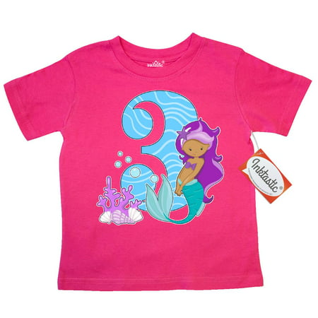 Inktastic Third Birthday Mermaid Toddler T-Shirt Birthdays 3rd 36 Months Three Year Old Turning Party Purple Hair Tail Coral Shells Little Pretty Bubbles Under The Sea Ocean Tees. Gift Child