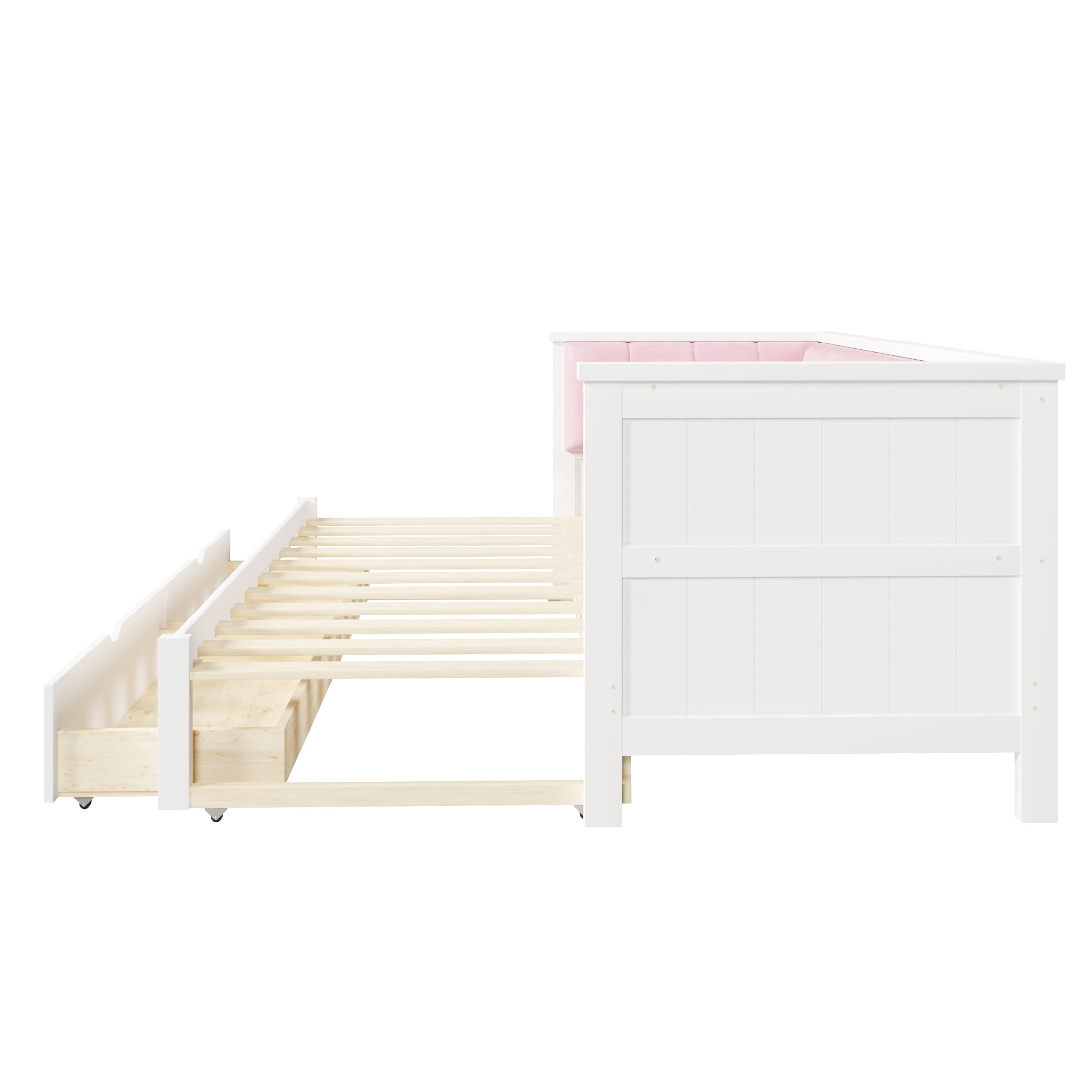 Noble House Henry Twin XL to King Size Expandable Daybed with Storage Drawers and Upholstered Backrest, White and Pink