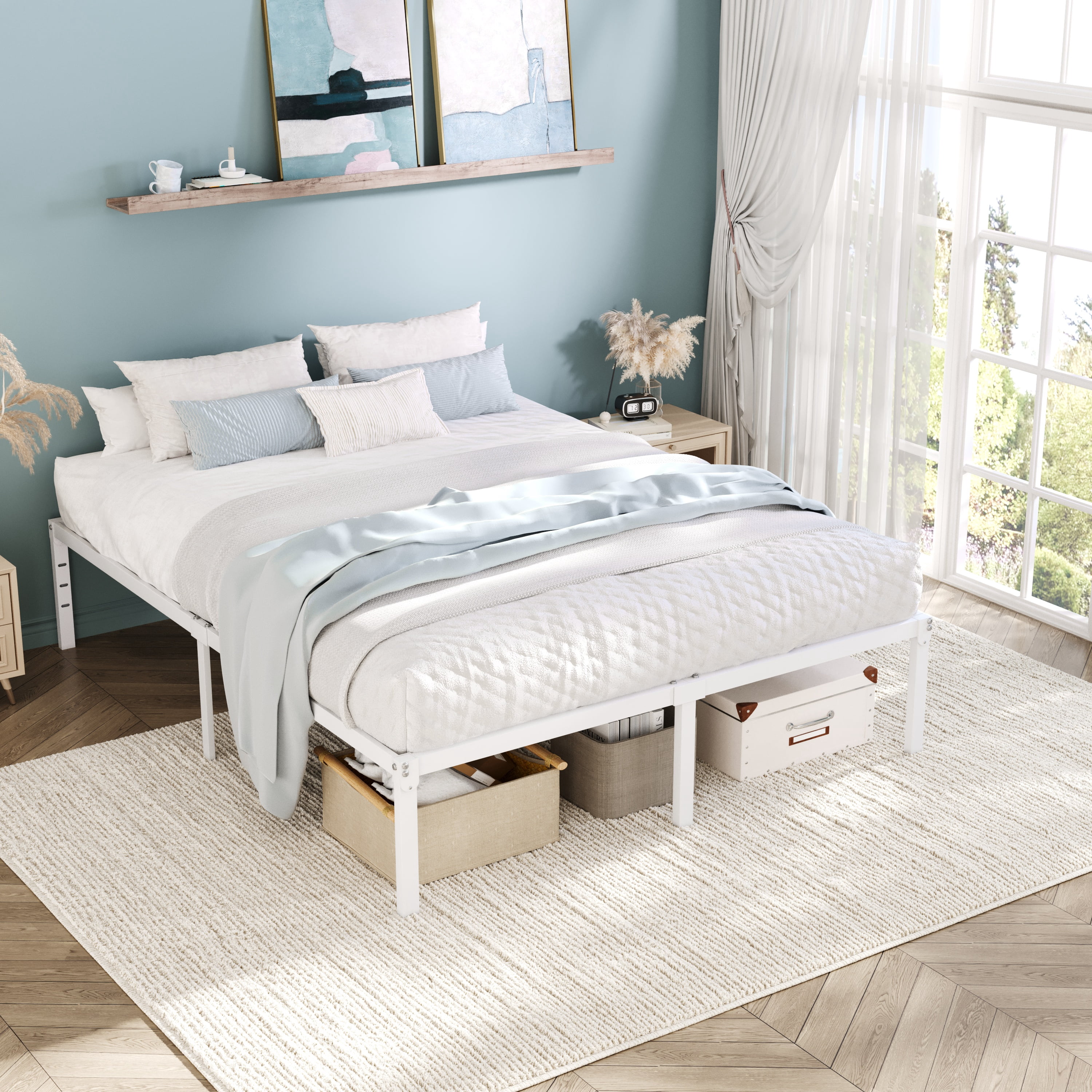 Einfach Full Bed Frame, Heavy Duty Metal Platform Bed with Ample Under-bed Storage Space, No Box Spring Needed, White