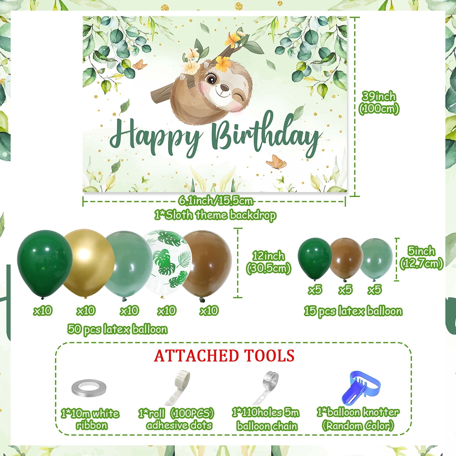 Sloth Theme Birthday Decorations, Sloth Happy Birthday Backdrop Green Brown Balloon Arch Kit for Kids Tropical Jungle Animal Themed 1st/2nd/3rd/4th Birthday Supplies