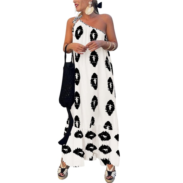 Vestido PRETTYGARDEN Maxi Floral Boho de Un Hombro Blanco Talla L