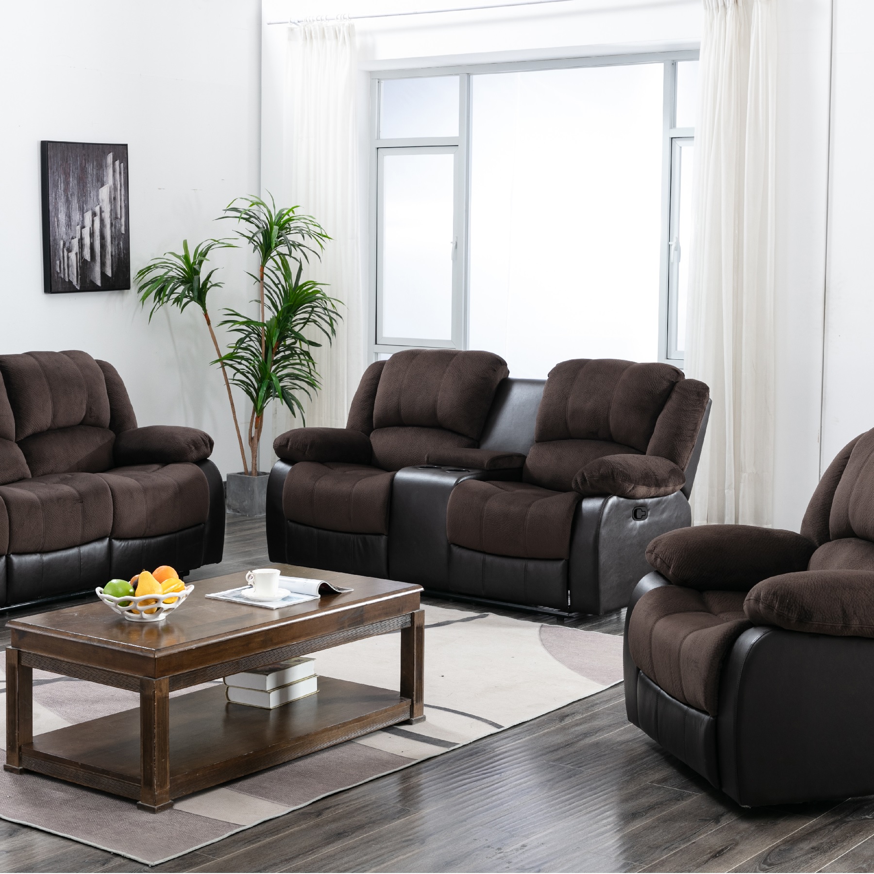 Nathaniel Home Manual Reclining Sofa, PU Leather Upholstered Double Recliner Loveseat, 2-Seater Home Theater Seating with Console, Arm Sofa Recline Chair for Living Room, Brown