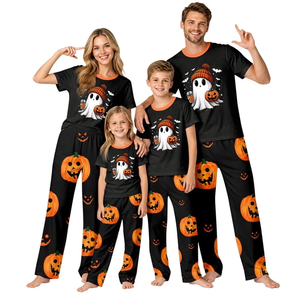 Family Matching Halloween Pajamas Set - 2 piece Ghost with Pumpkin Print Short Sleeve Top and Pants ,Happy Halloween Festivel Theme Gifts for Whole Family for 8 Years Pjs