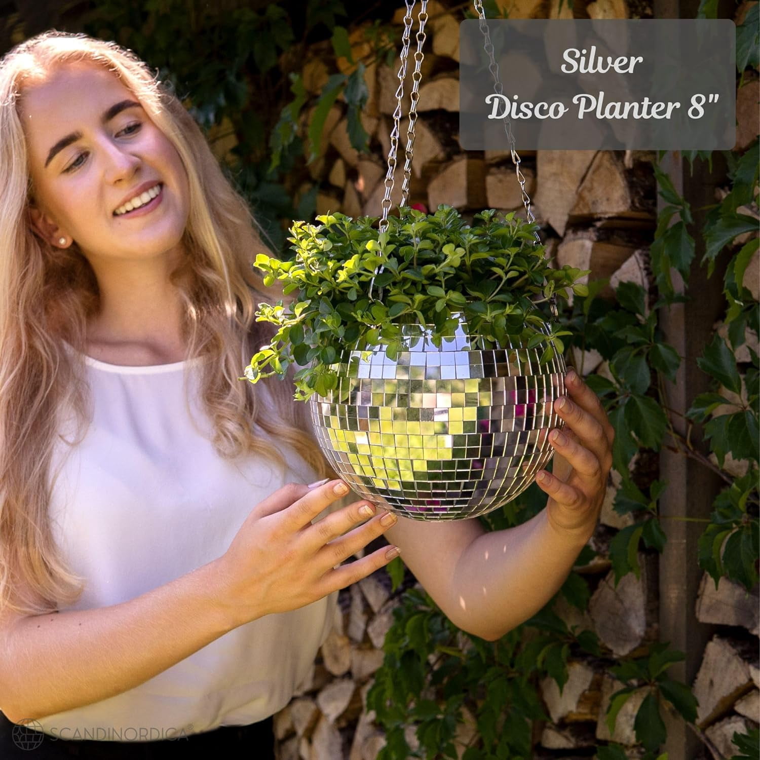 Disco Ball Planter – Silver 8" Disco Planter with Chain and Macrame Hanger and Stand