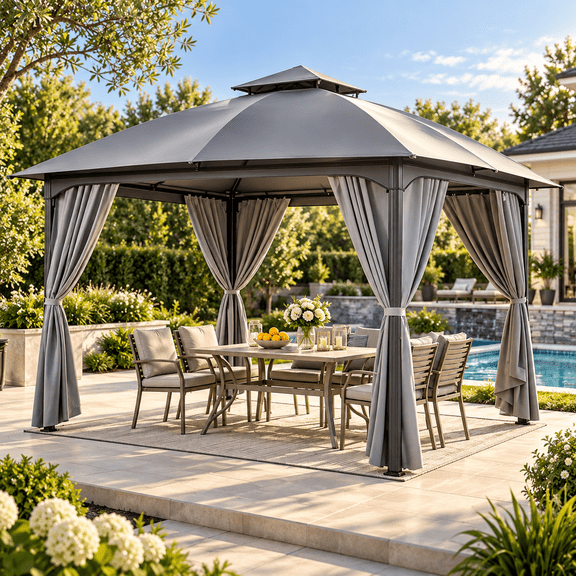 LAUSAINT HOME 10'x10' Outdoor Gazebo with Privacy Screens & Expansion Bolts, Patio Double Roof Metal Frame Gazebo for Garden, Backyard, Grya