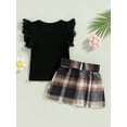 thumbnail image 4 of Arvbitana Toddler Baby Girls Skirt Set Flying Sleeve Solid Color Ribbed Tops + Plaid Skirt with Belt Summer Casual Elegant Outfit 2Pcs 9M-4T, 4 of 9