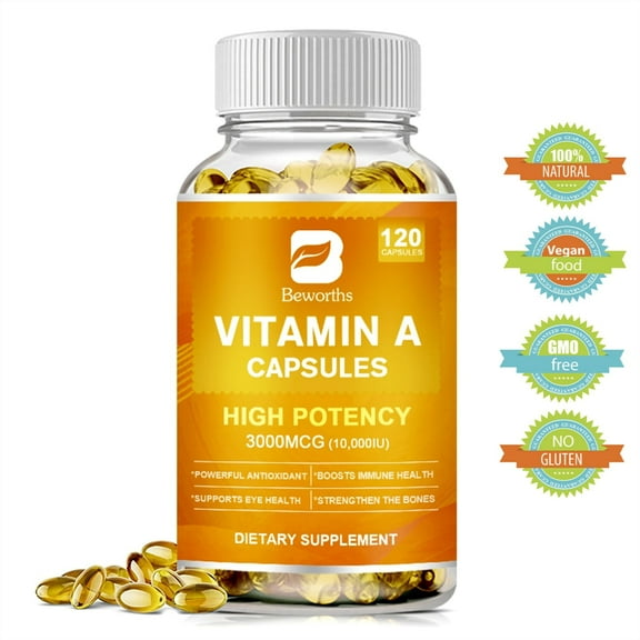 Vitamin A Softgels 10,000 IU Vitamin A Supplement, Promotes Immune, Bone, Skin, and Eye Health, 10000 IU (3000mcg) 120 Capsules, Vegan Dietary Supplements by BEWORTHS